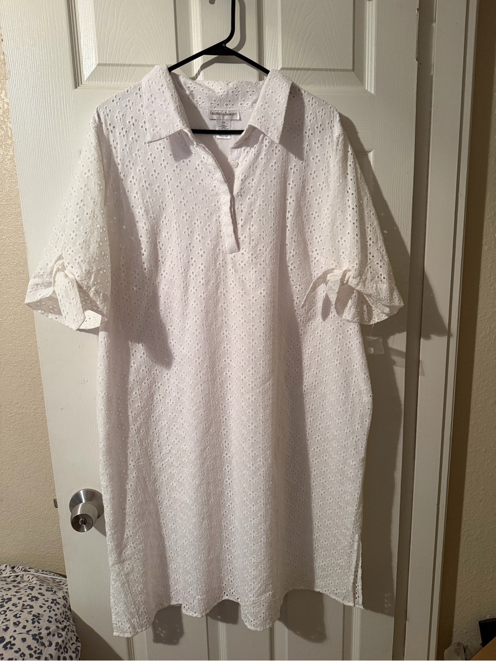 Women's White Eyelet Polo-Collar Midi Dress
